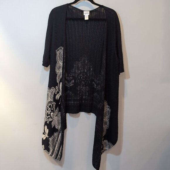 Vintage Chicos Damask Modal Cardigan Open Flyaway Front Short Sleeve Ribbed Knit - Picture 14 of 17